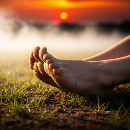 Close-up of human feet on green grass with sunrise background.の素材