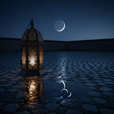 Lantern with moon in the night. Ramadan Kareem backgroundの素材