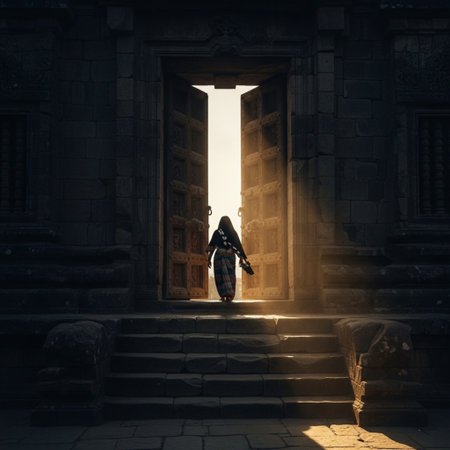 Silhouette of a man in the doorway of an ancient templeの素材