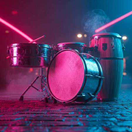 Drums on a dark street illuminated by neon lights. Music concept.の素材