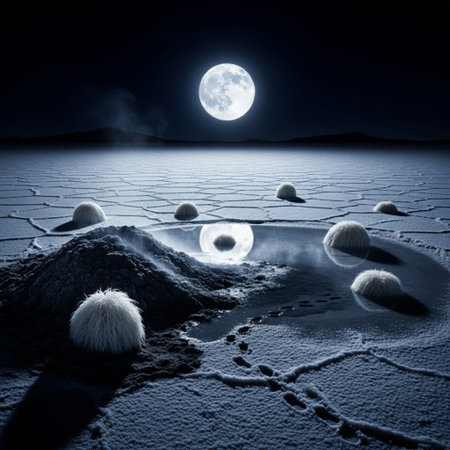 Moon rising over a salt lake in the desert at night, 3d renderの素材
