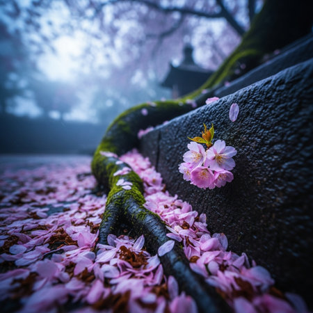 Cherry blossoms in full bloom in a temple in Japan.の素材