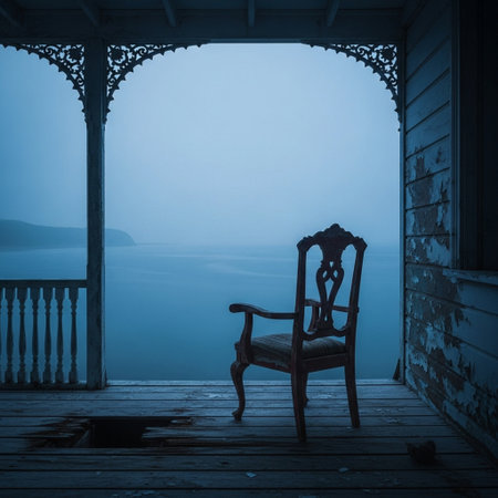 Wooden chair on the pier in foggy morning. Toned.の素材