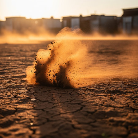 Dry soil with a lot of dust at sunset or sunrise.の素材