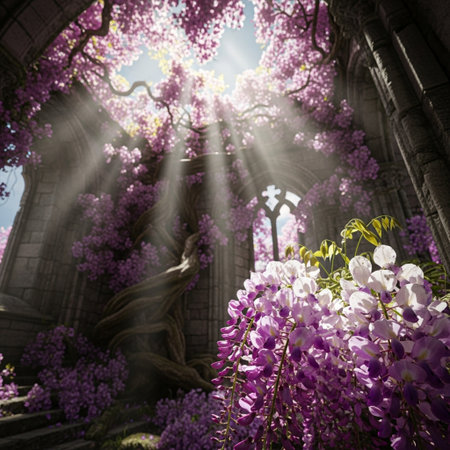 Wisteria flowers blooming in front of the Notre Dame Cathedralの素材