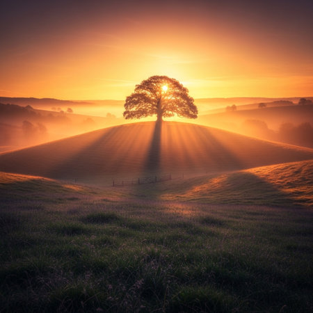 Foggy sunrise over a meadow with lonely tree in the foregroundの素材