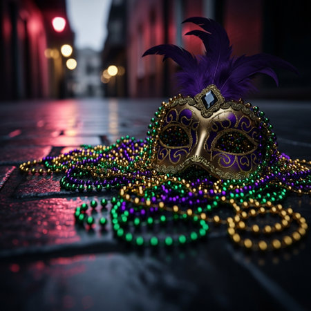 Traditional Venetian carnival mask with beads on a dark background.の素材