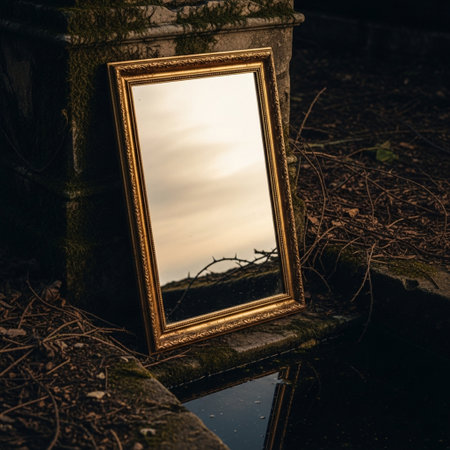 Old picture frame in a cemetery at night. Conceptual image.の素材