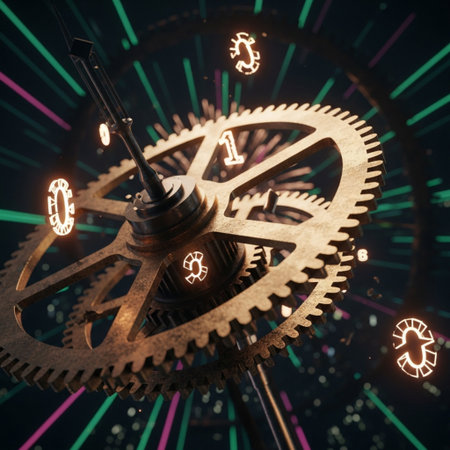 Close up of clockwork gear mechanism with glowing neon lights. Technology conceptの素材