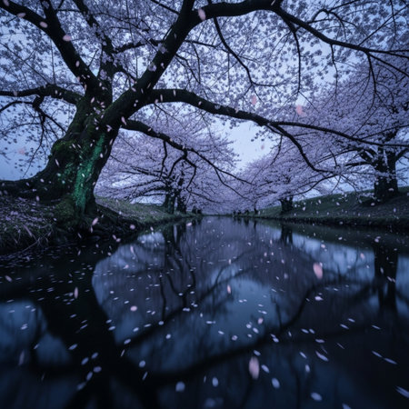 Cherry blossoms in full bloom at night in a Japanese gardenの素材