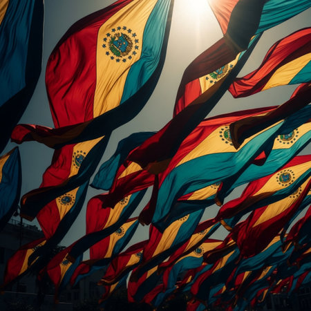 Flags of the world waving in the wind in front of the sunの素材