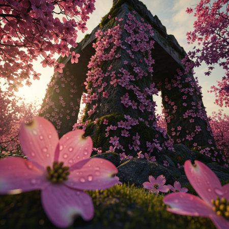 Pink sakura flowers and old stone bridge in the garden at sunsetの素材