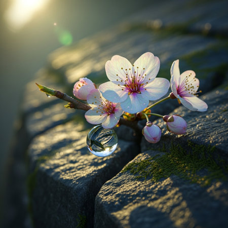 Branch of cherry blossoms with a drop of water on a stone backgroundの素材
