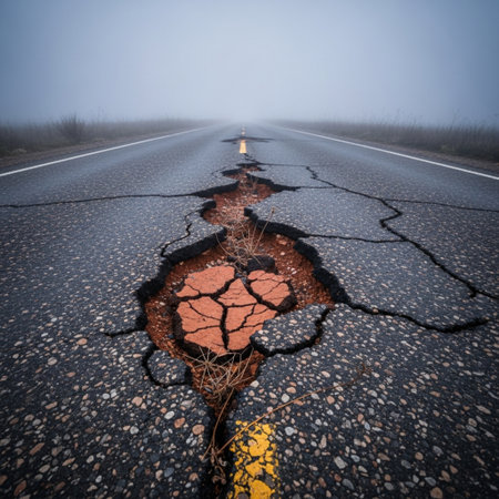 Broken asphalt road with cracks in the middle of the road.の素材