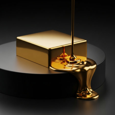 golden 3d rendering of a golden cube with a drop of honeyの素材