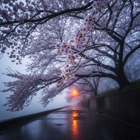 Cherry blossoms in full bloom along a foggy street in springの素材