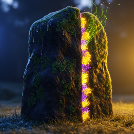 Fantasy glowing stone with neon lights. 3D Rendering.の素材