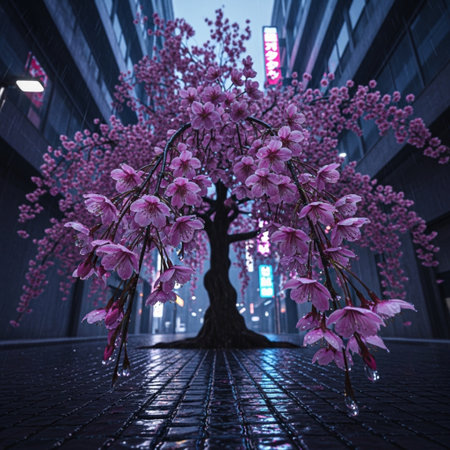 cherry blossom in the city at night, 3d renderingの素材