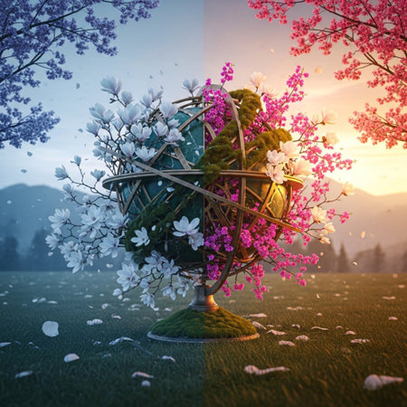 3D render of a globe with flowers on a grassy fieldの素材