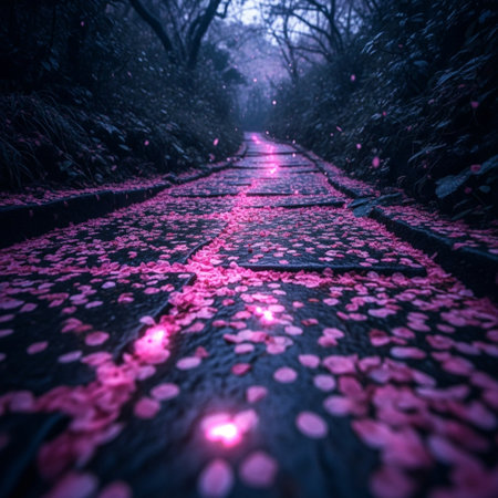 Pink flower petals falling on the path in the park at nightの素材