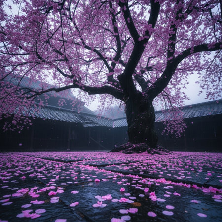 cherry blossom tree in foggy day, with copy spaceの素材