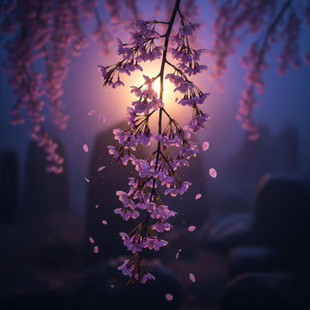 Beautiful blooming Japanese sakura in the garden at night.の素材