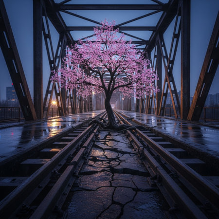Cherry blossom tree and bridge at night in Hangzhou, China.の素材