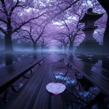 Mysterious Japanese garden in the morning mist with cherry blossoms in full bloomの素材