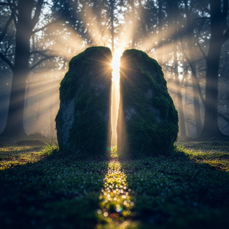 Mystical megalithic stone in the forest at sunriseの素材