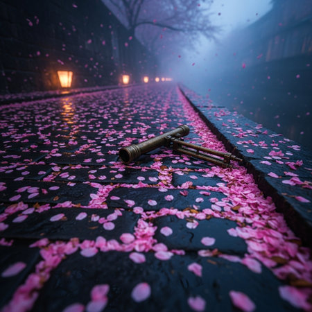 Sakura flowers and old key on a stone bridge in the mist.の素材