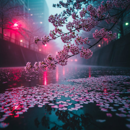 Cherry blossoms in a foggy night, Tokyo, Japanの素材