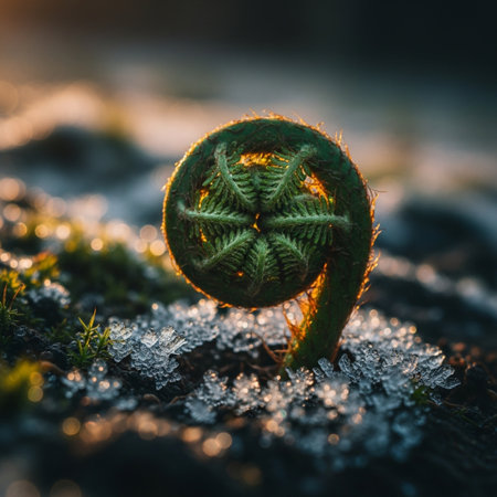 Fern leaf with morning dew on the ground in the forest.の素材