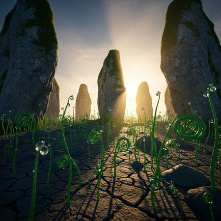 Megalithic landscape with grass and water drops. 3d renderの素材