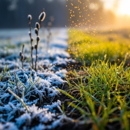 Frost on the grass in the rays of the setting sun.の素材