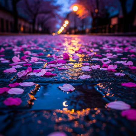 Cherry blossom petals falling on the pavement at night.の素材
