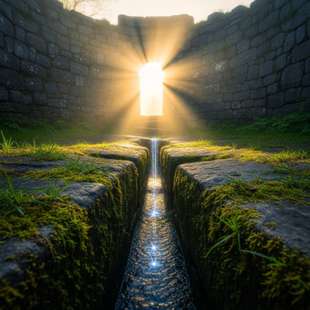 Sun rays coming through a hole in the stone wall of a castleの素材