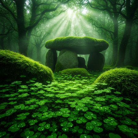 Mysterious fantasy landscape with a stone megaliths in the forest.の素材