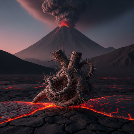 3D illustration of volcano eruption and lava flow, 3D renderingの素材