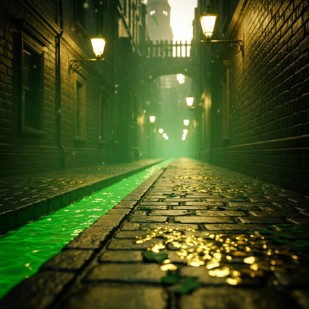 Foggy street at night in London, UK. Artwork decoration. Selective focusの素材