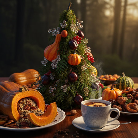 Pumpkin pie with cinnamon, pecan nuts and a cup of coffee in the forestの素材