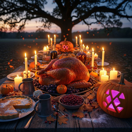 Halloween table setting with roasted turkey, pumpkins and candiesの素材