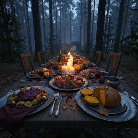 Thanksgiving dinner table in a dark forest with pumpkins and candlesの素材
