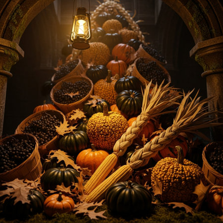 Halloween decoration with pumpkins, corn and cob on green grassの素材