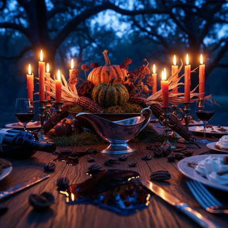 Halloween table setting with pumpkins, candlesticks and candles. Halloween concept.の素材
