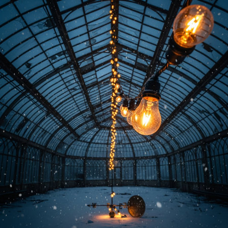 Lights and bulbs in a greenhouse covered with snow. Christmas backgroundの素材