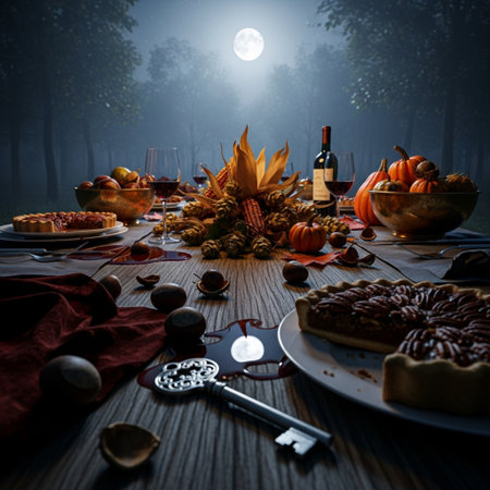 Autumn table setting with pumpkins, chestnuts, candies and wine.の素材