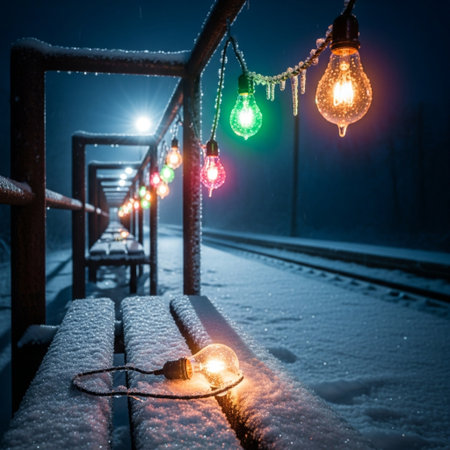 Christmas lights on the railway in winter. Christmas background. New Year concept.の素材