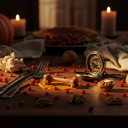 Still life with a candlestick, candles, walnuts and pomegranate seedsの素材