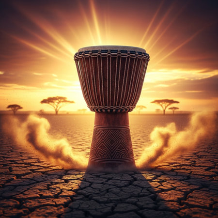 African djembe drum in the desert with sunset. 3d renderingの素材