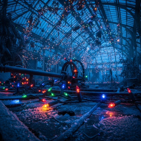 Christmas lights in a greenhouse. Blue toned. Selective focusの素材